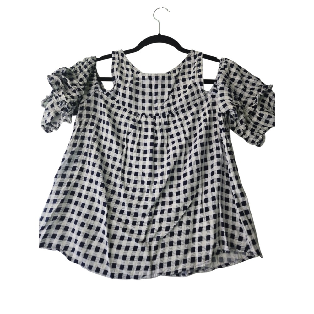 SO Womens M Navy White Gingham Cold Shoulder Blouse Preppy Cottagecore
